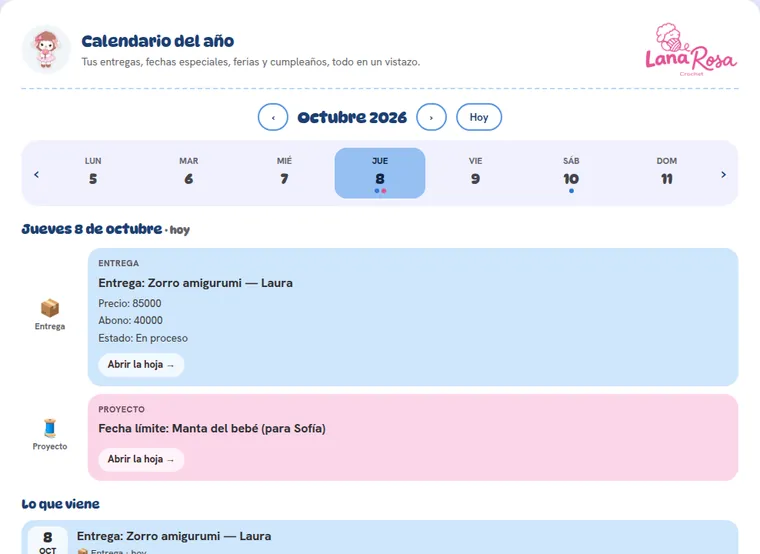 Calendario de la Agenda de Rosina con la semana, las entregas y las fechas especiales