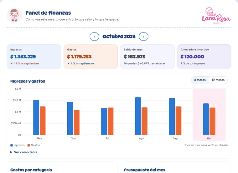 Panel de finanzas de la Agenda de Rosina con ingresos, gastos y la gráfica de seis meses