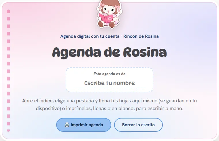 Portada de la Agenda de Rosina, con la ovejita Rosina leyendo