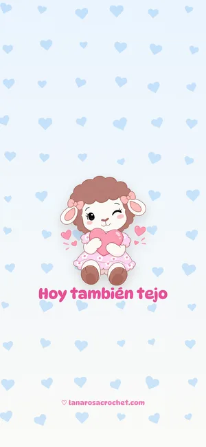 Fondo de pantalla azul cielo con corazones y Rosina abrazando un corazón: Hoy también tejo