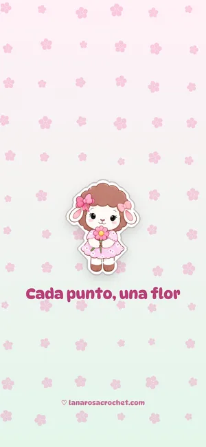 Fondo de pantalla rosa y menta con florecitas y Rosina con una flor: Cada punto, una flor