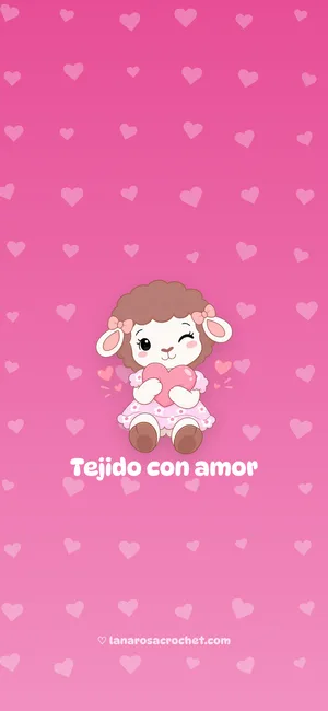 Fondo de pantalla fucsia con corazones y Rosina haciendo un corazón: Tejido con amor
