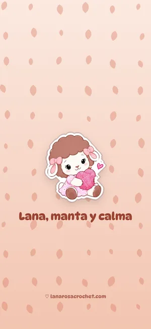 Fondo de pantalla terracota rosado con hojas y Rosina con un ovillo: Lana, manta y calma