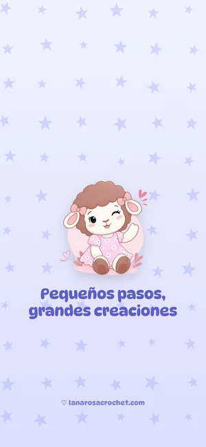 Fondo de pantalla lila con estrellas y Rosina tejiendo: Pequeños pasos, grandes creaciones