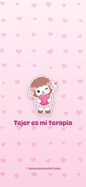 Fondo de pantalla rosa con Rosina abrazando un ovillo de corazón: Tejer es mi terapia