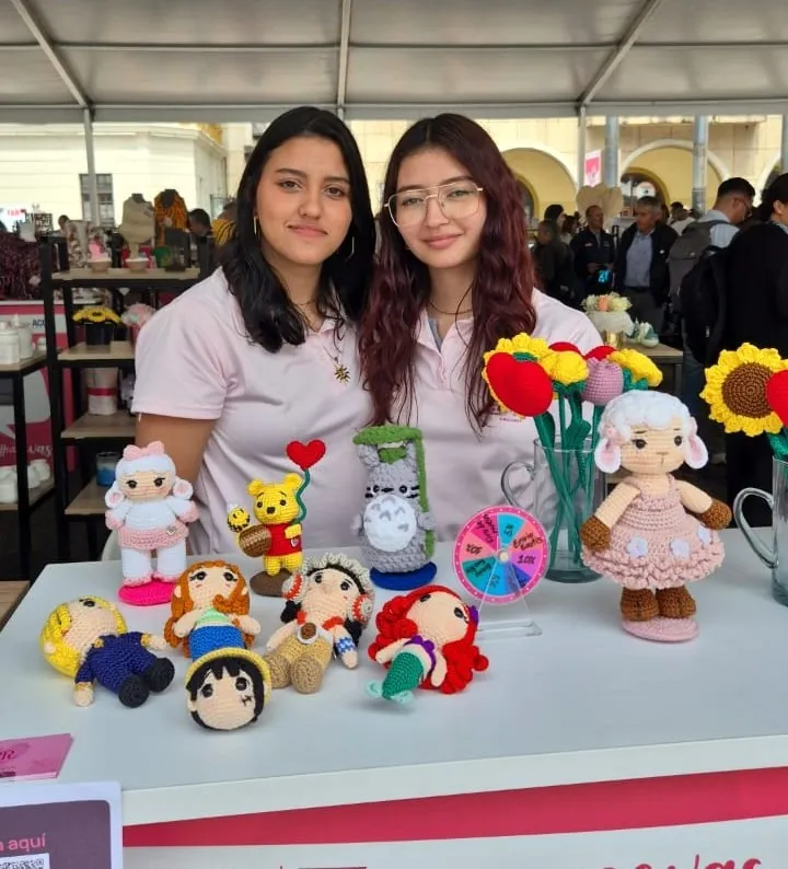 Dos integrantes de Lana Rosa en su puesto de una feria, con amigurumis y flores tejidas