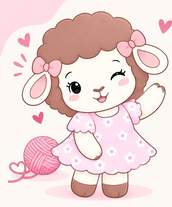 Ilustración de Rosina, la ovejita de Lana Rosa, saludando con su vestido rosado de flores