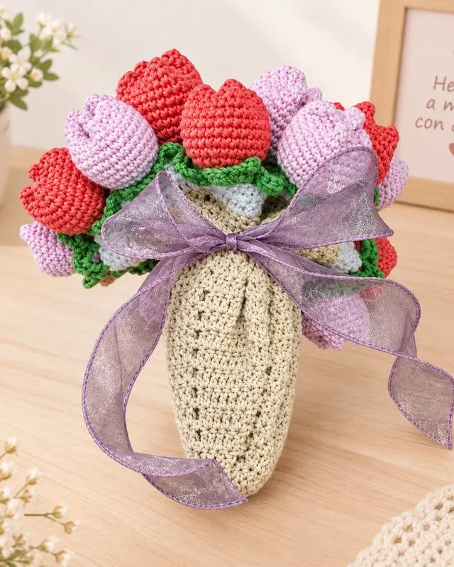 Ramo de tulipanes rojos y lilas tejidos a mano, con cinta morada