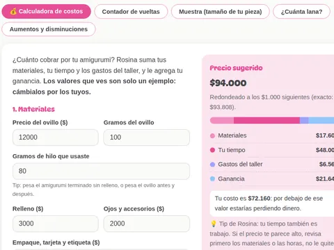 Vista de la calculadora de costos