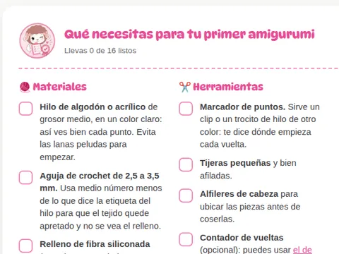 Vista de la checklist para tu primer amigurumi