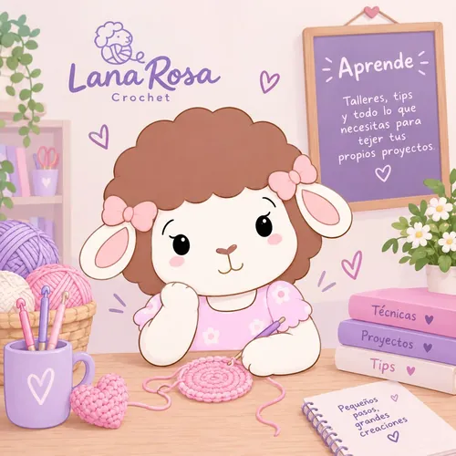 Rosina, la ovejita de Lana Rosa Crochet, tejiendo en su escritorio