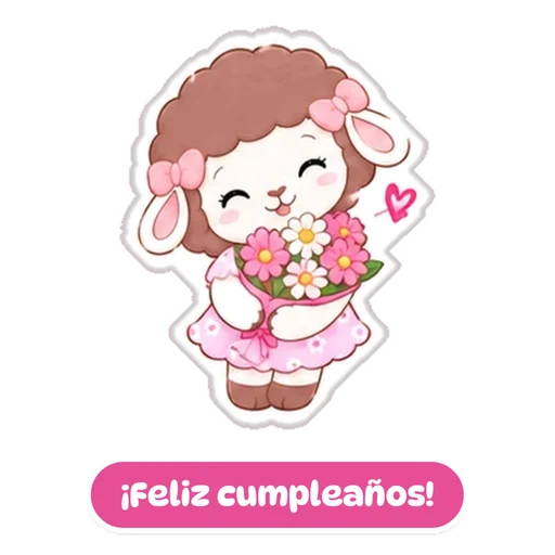 Sticker: Rosina con un ramo de flores, con la frase ¡Feliz cumpleaños!