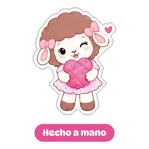 Sticker: Rosina con un ovillo, con la frase Hecho a mano