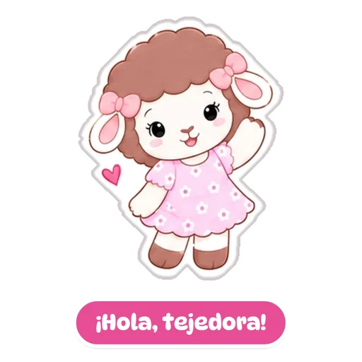 Sticker: Rosina saludando, con la frase ¡Hola, tejedora!