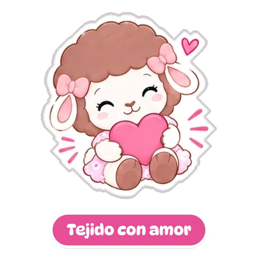 Sticker: Rosina abrazando un corazón, con la frase Tejido con amor