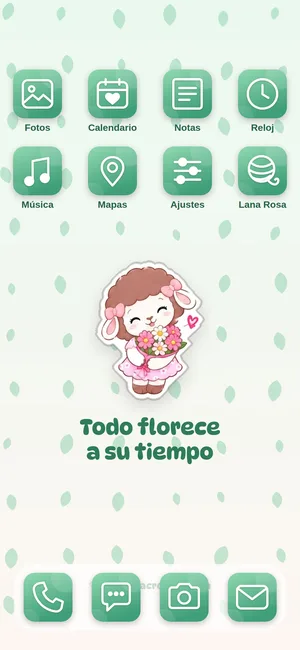 Pantalla de inicio con los íconos del tema Todo florece a su tiempo