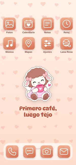 Pantalla de inicio con los íconos del tema Primero café, luego tejo