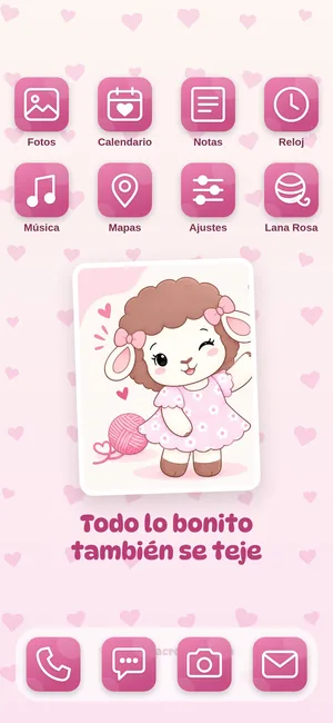 Pantalla de inicio con los íconos del tema Todo lo bonito también se teje