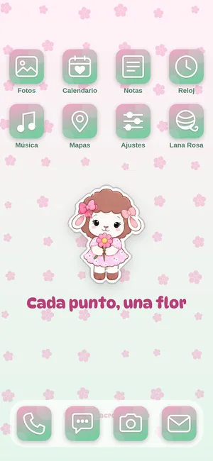 Pantalla de inicio con los íconos del tema Cada punto, una flor