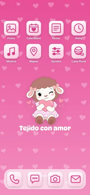 Pantalla de inicio con los íconos del tema Tejido con amor