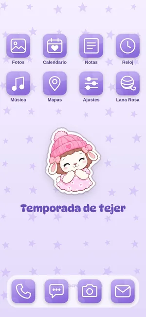 Pantalla de inicio con los íconos del tema Temporada de tejer