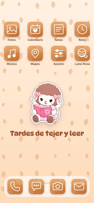 Pantalla de inicio con los íconos del tema Tardes de tejer y leer