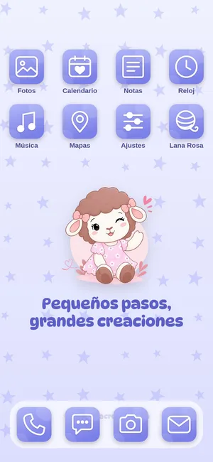 Pantalla de inicio con los íconos del tema Pequeños pasos, grandes creaciones