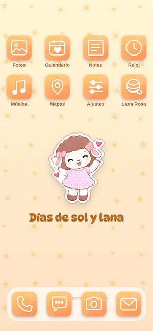 Pantalla de inicio con los íconos del tema Días de sol y lana