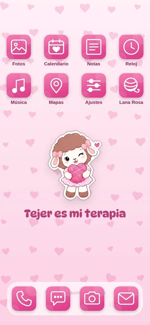 Pantalla de inicio con los íconos del tema Tejer es mi terapia
