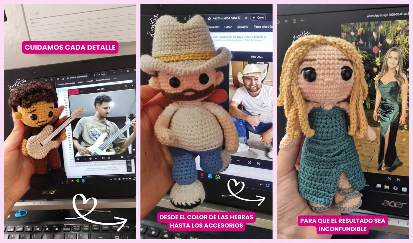 Tres amigurumis personalizados terminados, cada uno sostenido junto a la foto de referencia usada para tejerlo